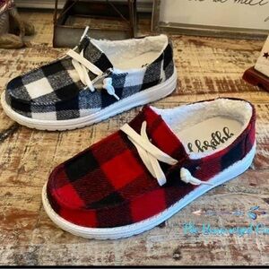 Red Buffalo Plaid Slip On Sneakers